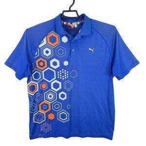 Mens Puma Blue Hexagon Print Golf Polo Shirt Polyester Blend Short Sleeve Size L